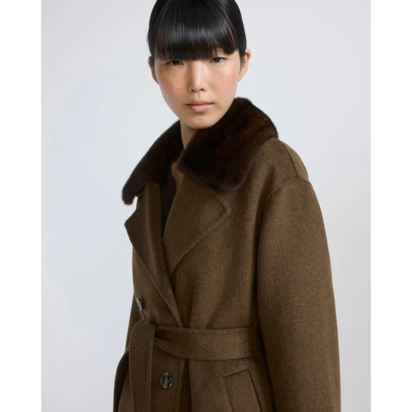 Yves Salomon Belted Cashmere Wool Coat with Mink Fur Collar in Brown | Wool Coat | Coveti