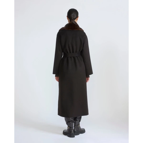 Yves Salomon Belted Cashmere Wool Coat with Mink Fur Collar in Brown | Wool Coat | Coveti