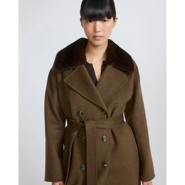 Yves Salomon Belted Cashmere Wool Coat with Mink Fur Collar in Brown | Wool Coat | Coveti