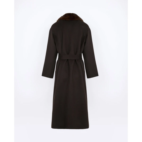 Yves Salomon Belted Cashmere Wool Coat with Mink Fur Collar in Brown | Wool Coat | Coveti