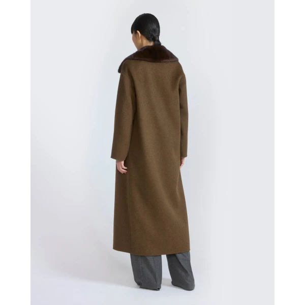 Yves Salomon Belted Cashmere Wool Coat with Mink Fur Collar in Brown | Wool Coat | Coveti