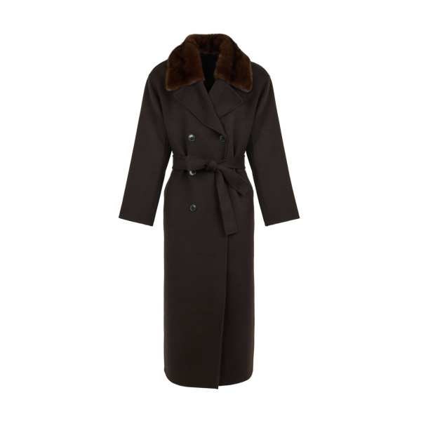 Yves Salomon Belted Cashmere Wool Coat with Mink Fur Collar in Brown | Wool Coat | Coveti