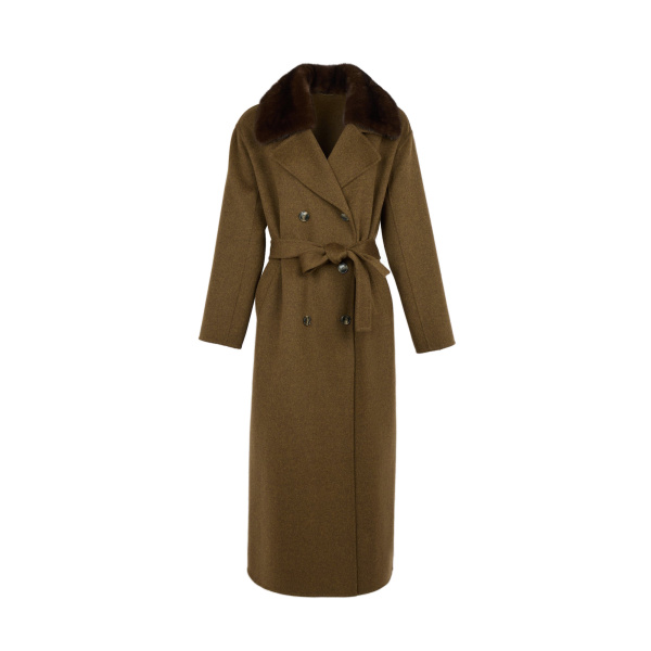 Yves Salomon Belted Cashmere Wool Coat with Mink Fur Collar in Brown | Wool Coat | Coveti