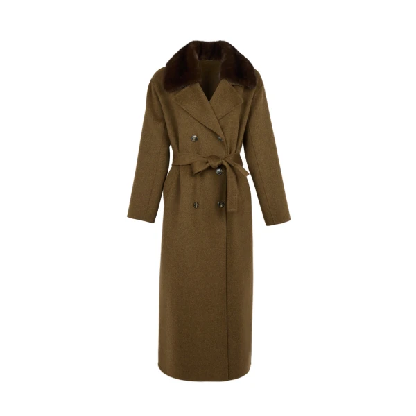 Belted Cashmere Wool Coat with Mink Fur Collar in Brown