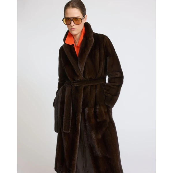 Yves Salomon Belted Long-Haired Mink Maxi Coat with Notched Collar in Brown | Mink Coats | Coveti