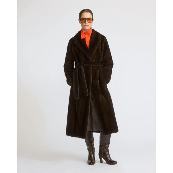 Yves Salomon Belted Long-Haired Mink Maxi Coat with Notched Collar in Brown | Mink Coats | Coveti