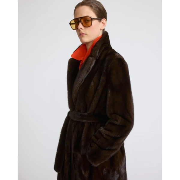 Yves Salomon Belted Long-Haired Mink Maxi Coat with Notched Collar in Brown | Mink Coats | Coveti