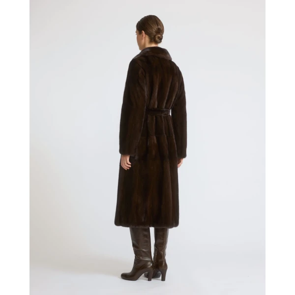 Yves Salomon Belted Long-Haired Mink Maxi Coat with Notched Collar in Brown | Mink Coats | Coveti