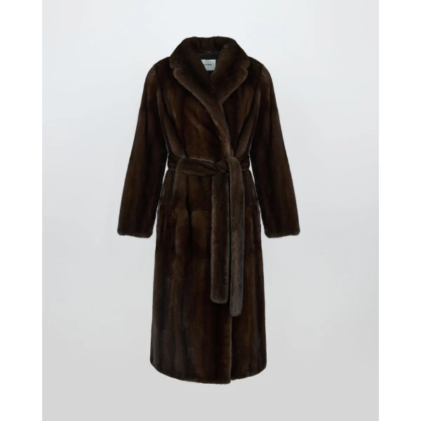 Yves Salomon Belted Long-Haired Mink Maxi Coat with Notched Collar in Brown | Mink Coats | Coveti