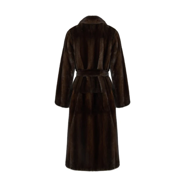 Belted Long-Haired Mink Maxi Coat with Notched Collar in Brown