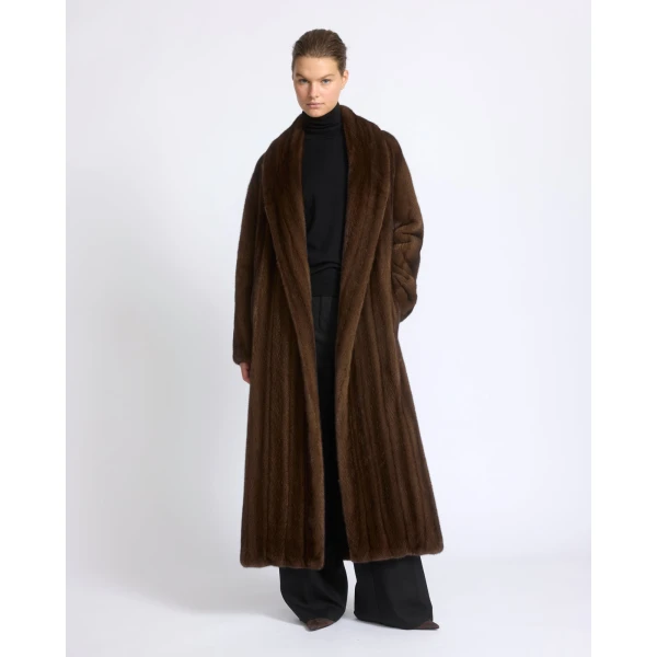 Yves Salomon Belted Maxi Coat in Long-Haired Straightened Mink in Brown | Coats | Coveti