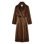 Yves Salomon Belted Maxi Coat in Long-Haired Straightened Mink in Brown | Coats | Coveti