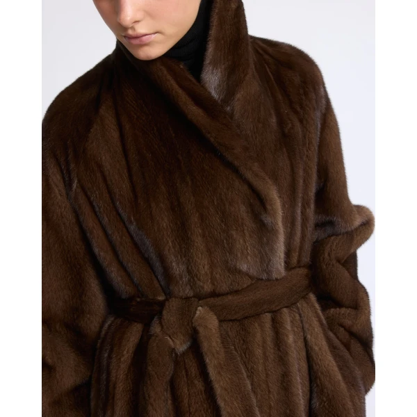 Yves Salomon Belted Maxi Coat in Long-Haired Straightened Mink in Brown | Coats | Coveti