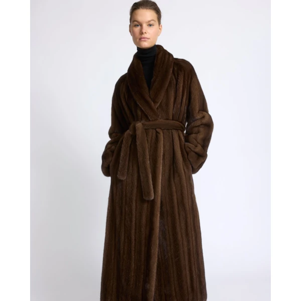 Yves Salomon Belted Maxi Coat in Long-Haired Straightened Mink in Brown | Coats | Coveti