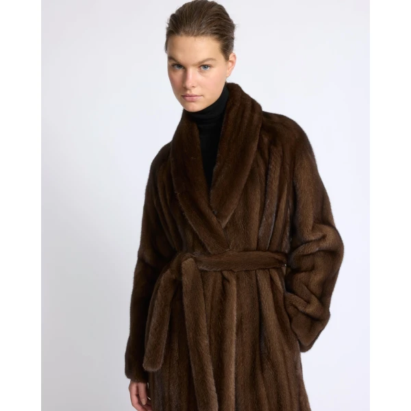 Yves Salomon Belted Maxi Coat in Long-Haired Straightened Mink in Brown | Coats | Coveti