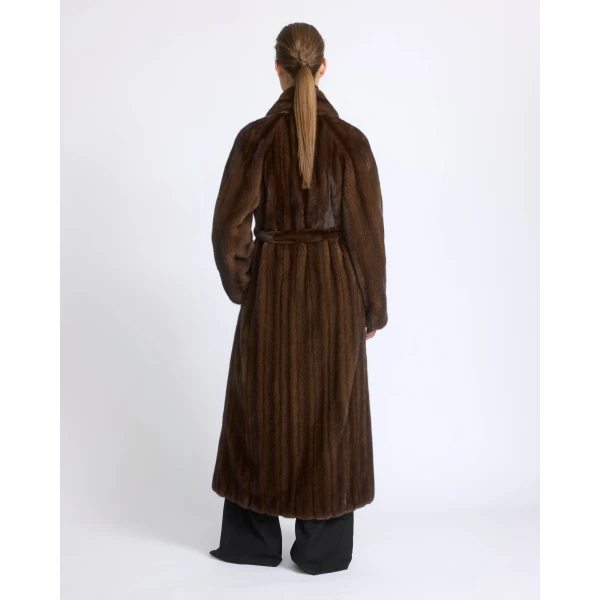 Yves Salomon Belted Maxi Coat in Long-Haired Straightened Mink in Brown | Coats | Coveti