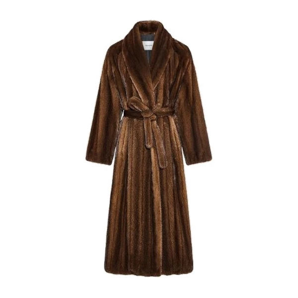Yves Salomon Belted Maxi Coat in Long-Haired Straightened Mink in Brown | Coats | Coveti