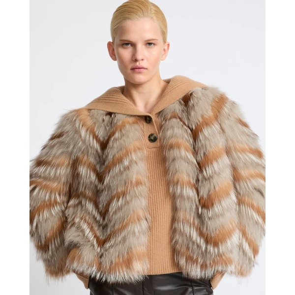 Yves Salomon Belted Merino Knit and Fox Fur Cardigan in Sandy Beige | Cardigan | Coveti