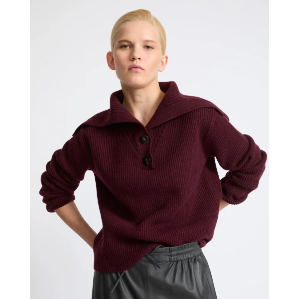 Yves Salomon Buttoned Sailor Collar Knit Sweater in Bordeaux | Sweaters | Coveti