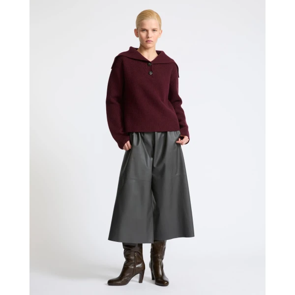 Yves Salomon Buttoned Sailor Collar Knit Sweater in Bordeaux | Sweaters | Coveti