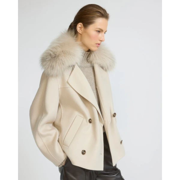 Yves Salomon Cashmere-Blend Pea Jacket with Removable Fox Fur Collar in Beige | Jackets | Coveti