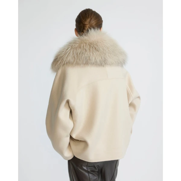 Yves Salomon Cashmere-Blend Pea Jacket with Removable Fox Fur Collar in Beige | Jackets | Coveti