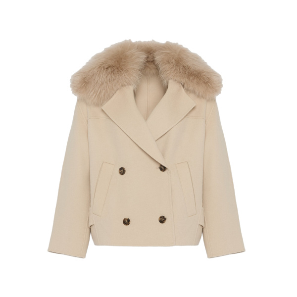Yves Salomon Cashmere-Blend Pea Jacket with Removable Fox Fur Collar in Beige | Jackets | Coveti