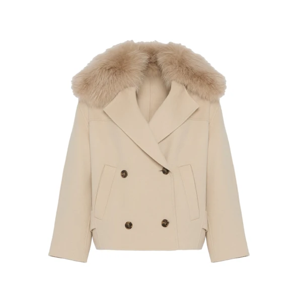 Yves Salomon Cashmere-Blend Pea Jacket with Removable Fox Fur Collar in Beige | Jackets | Coveti