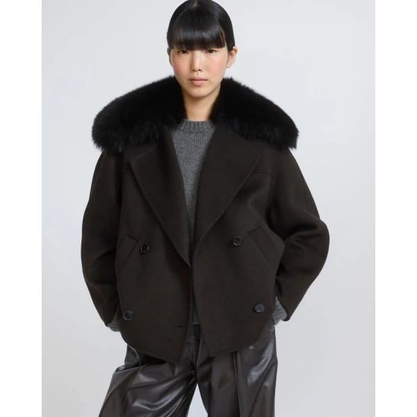Yves Salomon Cashmere-Blend Pea Jacket with Removable Fox Fur Collar in Brown | Jackets | Coveti