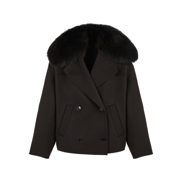 Yves Salomon Cashmere-Blend Pea Jacket with Removable Fox Fur Collar in Brown | Women | Coveti