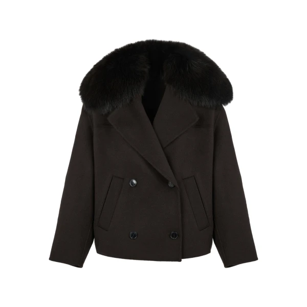 Yves Salomon Cashmere-Blend Pea Jacket with Removable Fox Fur Collar in Brown | Women | Coveti
