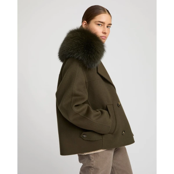Yves Salomon Cashmere-Blend Pea Jacket with Removable Fox Fur Collar in Khaki | Jackets | Coveti