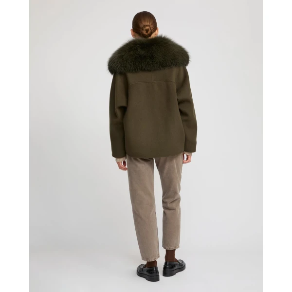 Yves Salomon Cashmere-Blend Pea Jacket with Removable Fox Fur Collar in Khaki | Jackets | Coveti