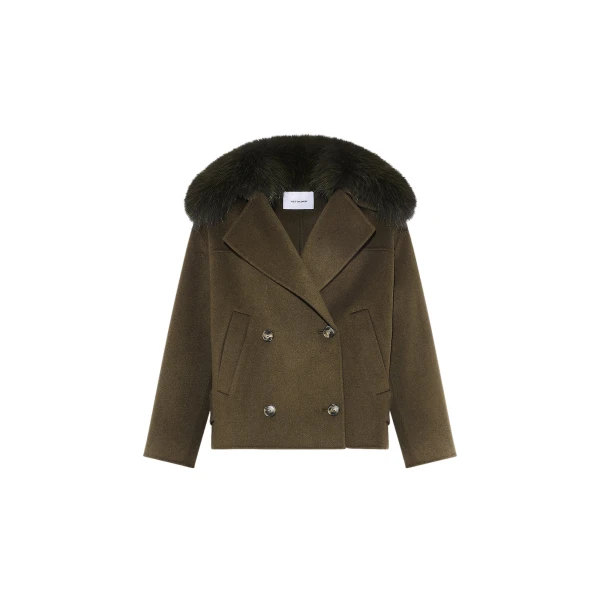 Yves Salomon Cashmere-Blend Pea Jacket with Removable Fox Fur Collar in Khaki | Women | Coveti