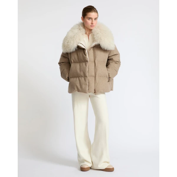 Yves Salomon Cashmere Down Jacket with Long Curly Lambskin Collar in Beige | Jackets | Coveti