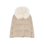 Yves Salomon Cashmere Down Jacket with Long Curly Lambskin Collar in Beige | Jackets | Coveti