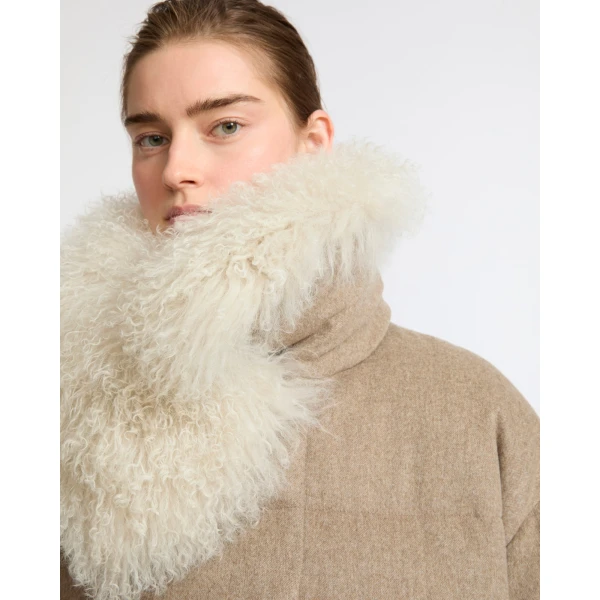 Yves Salomon Cashmere Down Jacket with Long Curly Lambskin Collar in Beige | Jackets | Coveti