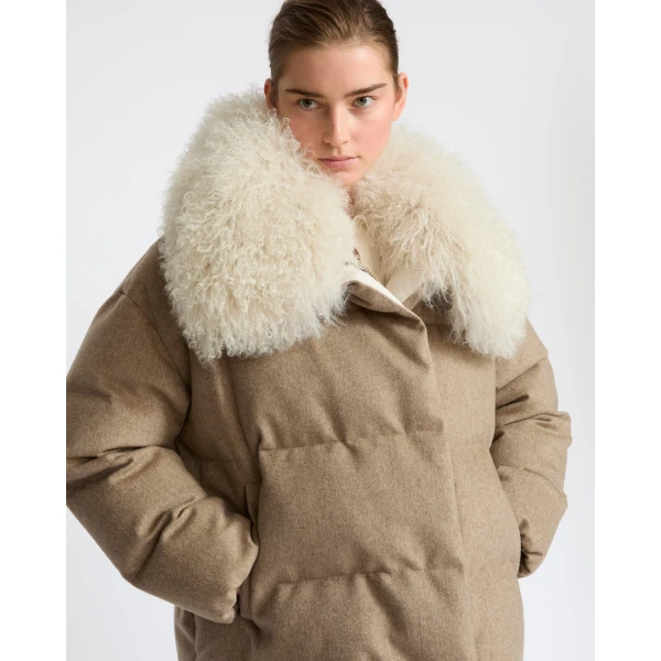 Yves Salomon Cashmere Down Jacket with Long Curly Lambskin Collar in Beige | Jackets | Coveti
