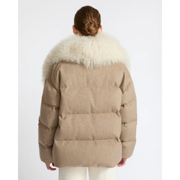 Yves Salomon Cashmere Down Jacket with Long Curly Lambskin Collar in Beige | Jackets | Coveti