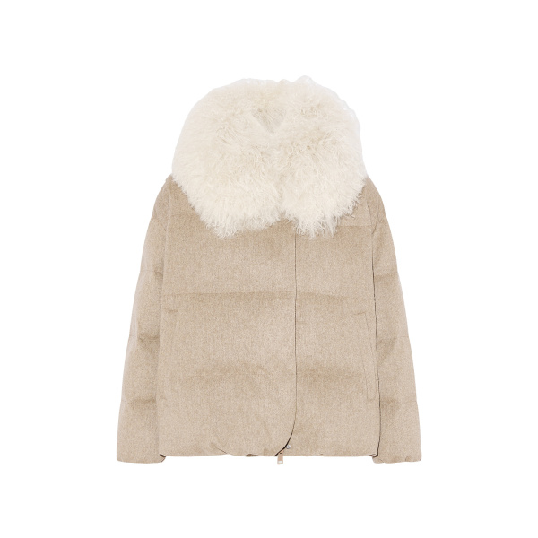 Yves Salomon Cashmere Down Jacket with Long Curly Lambskin Collar in Beige | Jackets | Coveti