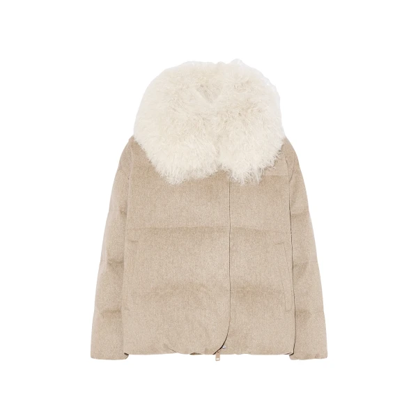 Yves Salomon Cashmere Down Jacket with Long Curly Lambskin Collar in Beige | Jackets | Coveti