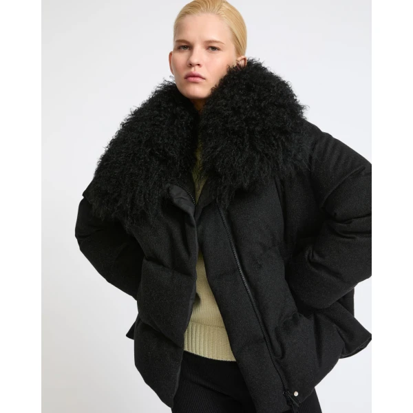 Yves Salomon Cashmere Down Jacket with Long Curly Lambskin Collar in Black | Jackets | Coveti