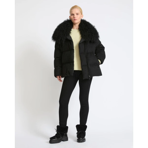 Yves Salomon Cashmere Down Jacket with Long Curly Lambskin Collar in Black | Jackets | Coveti