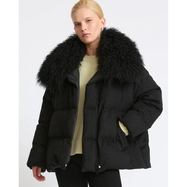 Yves Salomon Cashmere Down Jacket with Long Curly Lambskin Collar in Black | Jackets | Coveti