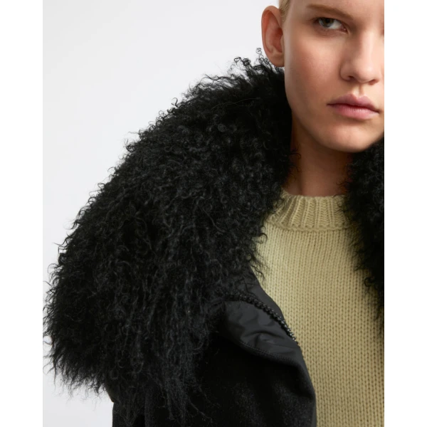 Yves Salomon Cashmere Down Jacket with Long Curly Lambskin Collar in Black | Jackets | Coveti