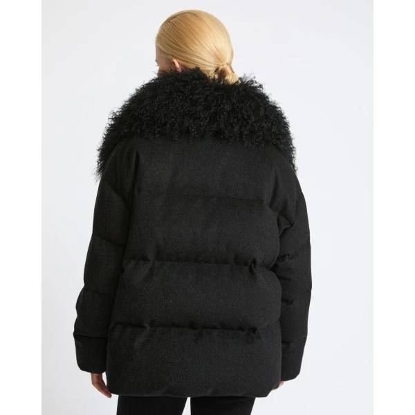 Yves Salomon Cashmere Down Jacket with Long Curly Lambskin Collar in Black | Jackets | Coveti