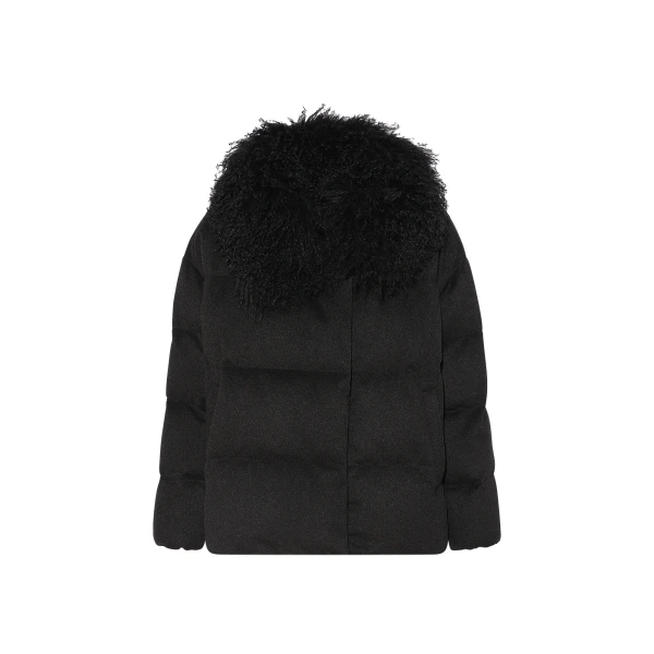 Yves Salomon Cashmere Down Jacket with Long Curly Lambskin Collar in Black | Jackets | Coveti