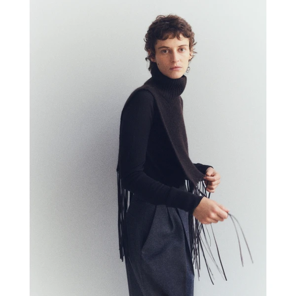Yves Salomon Cashmere Knit Bib with Leather Fringes in Brown | Scarves | Coveti