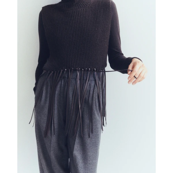 Yves Salomon Cashmere Knit Bib with Leather Fringes in Brown | Scarves | Coveti