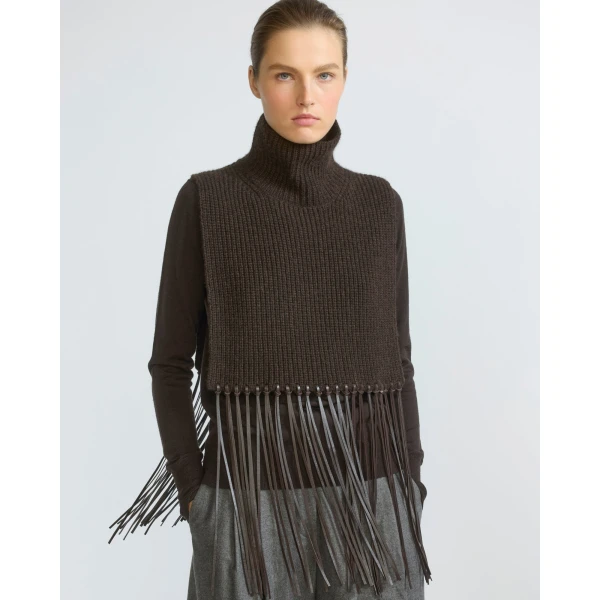 Yves Salomon Cashmere Knit Bib with Leather Fringes in Brown | Scarves | Coveti
